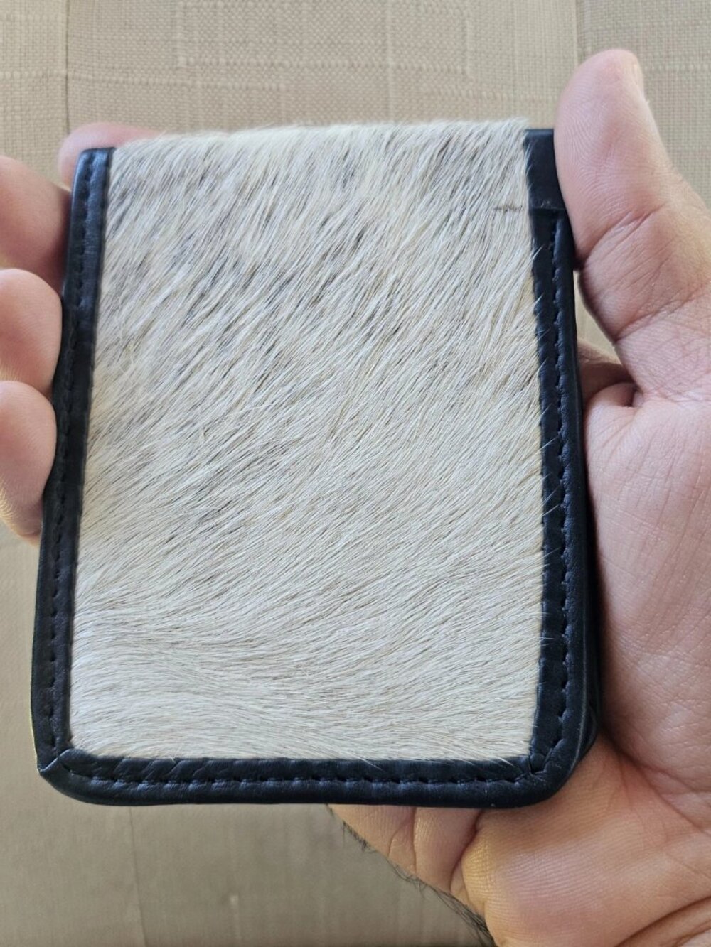 Handmade Billfold Real Fur White/Black Genuine Leather Cardholder Wallet Purse